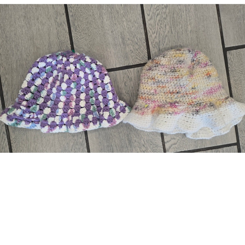 Handmade Crochet Bucket Hat Set Purple White Pastel Boho‎ Festival Knit 2 Pack
